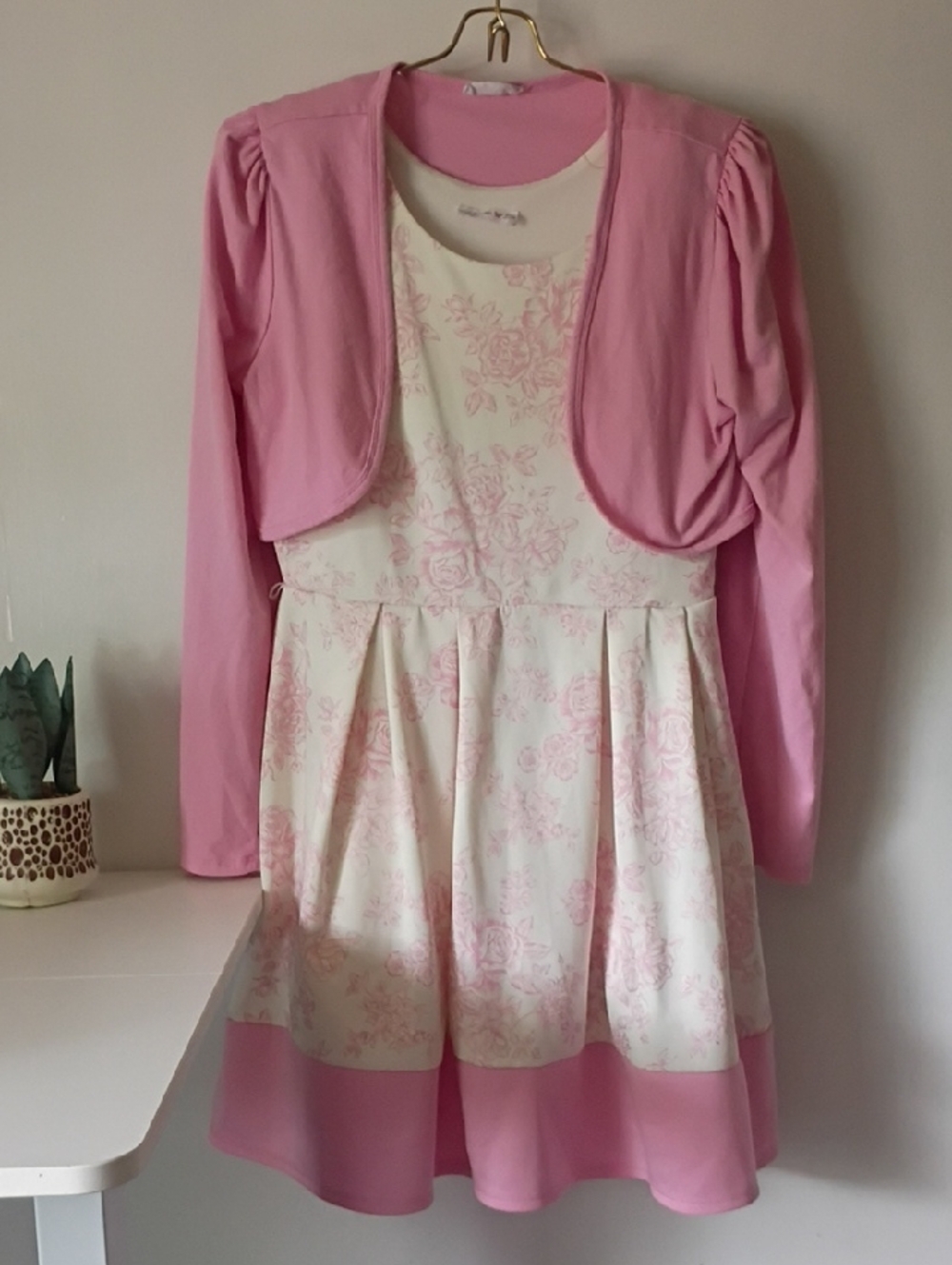 Knit Works girls floral dress and cardigan set in pink and white 14.5